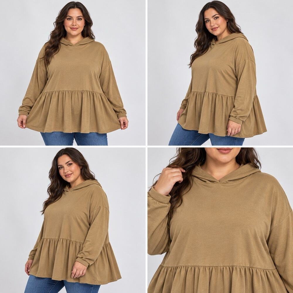 Boohoo Hooded Peplum Top Womens Plus US 18 UK 22 Camel Brown Pullover